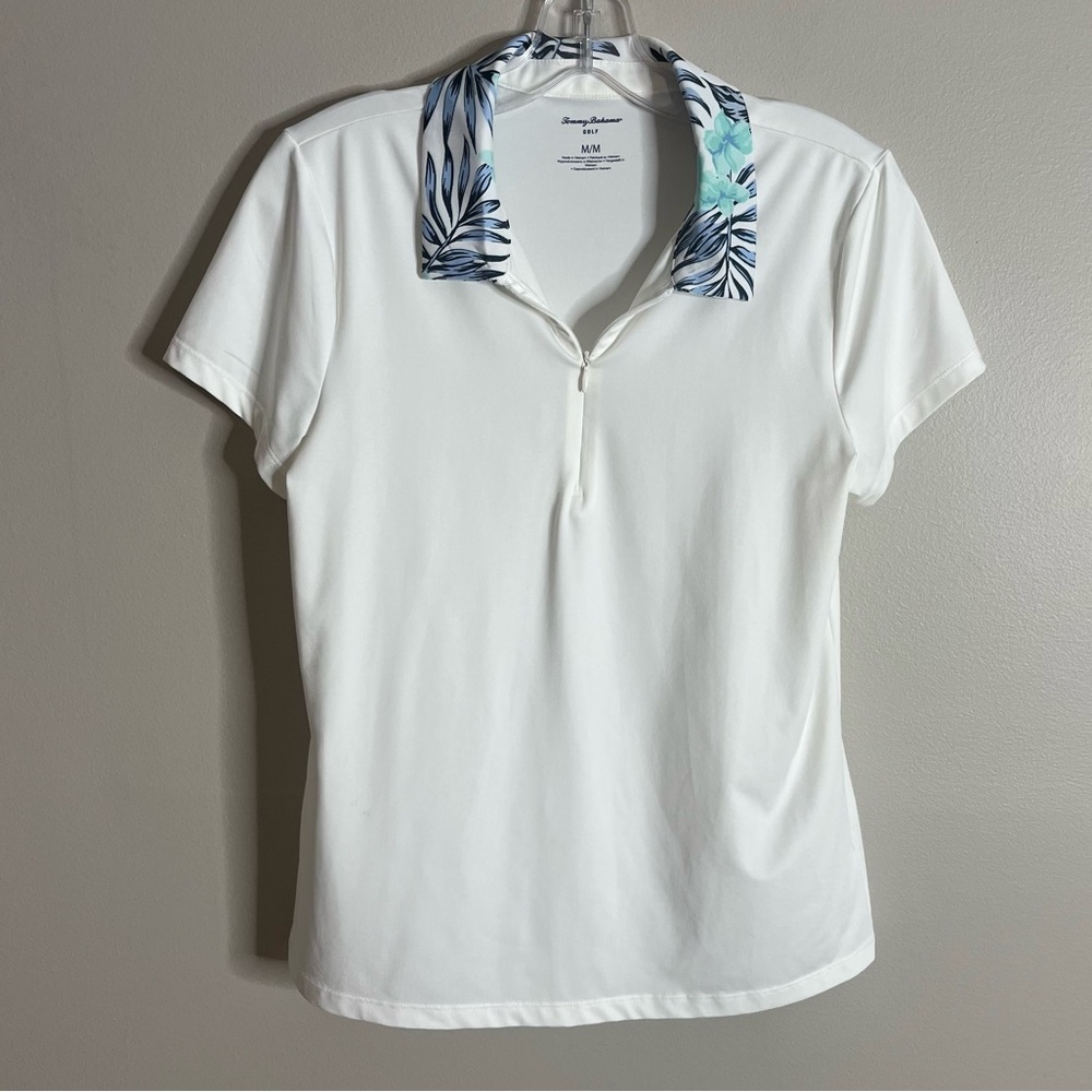 Tommy Bahama Size Medium Golf White Palm Collar Polo Shirt Performance K12 - Picture 1 of 6